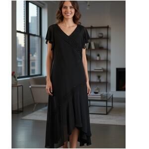 Adrianna Papell VTG Size 14 Beaded Handkerchief Hem Dress Black Semi Sheer Lined